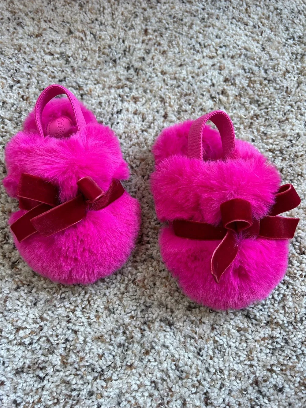 Toddler Hot Pink Fuzzy Slippers with Velvet Bows